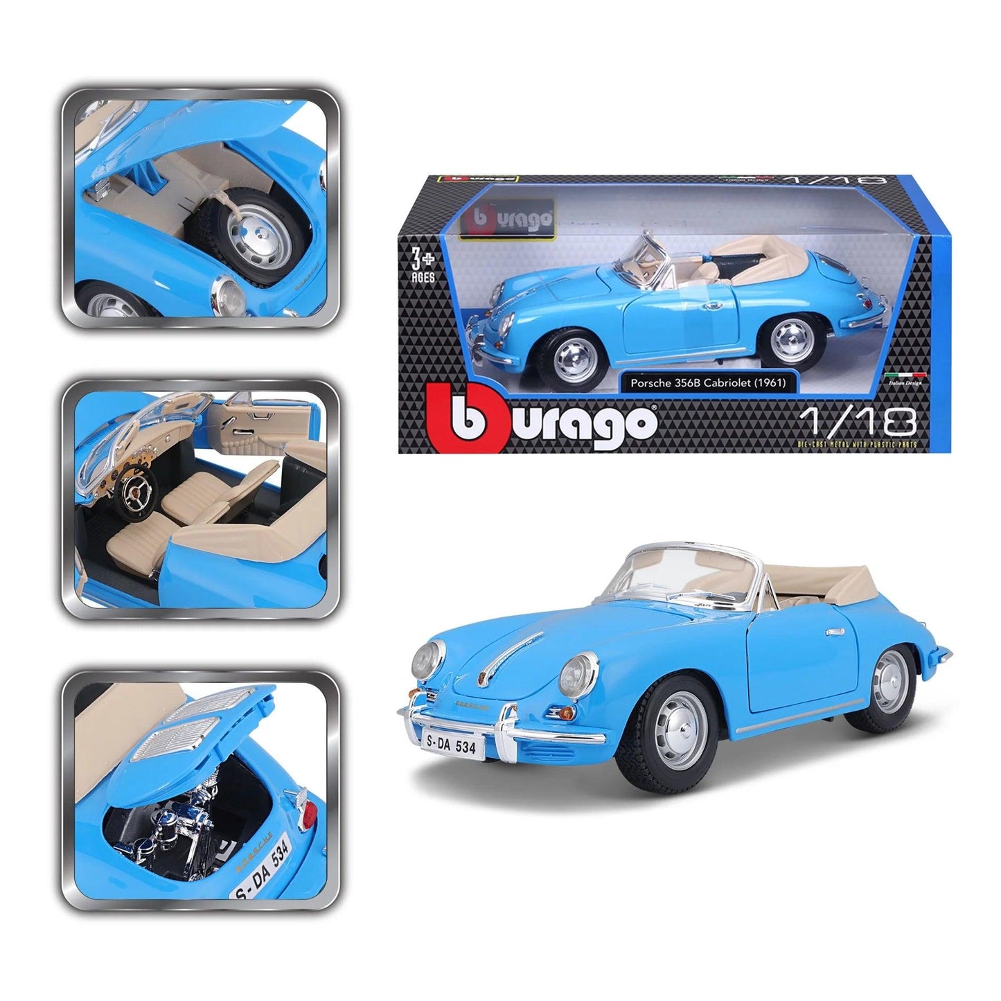 Bburago Porsche 356B Cabriolet 1961 - Blue 1:18 Modell