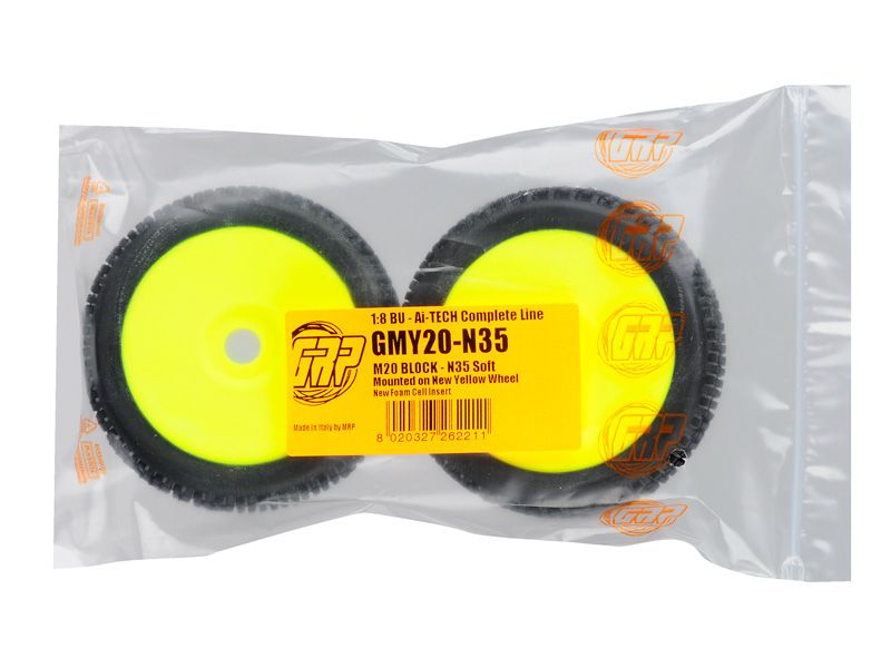 GRP 1:8 Buggy Komplettrad M20 BLOCK Felgendesign gelb in N35 Natural Compound Soft