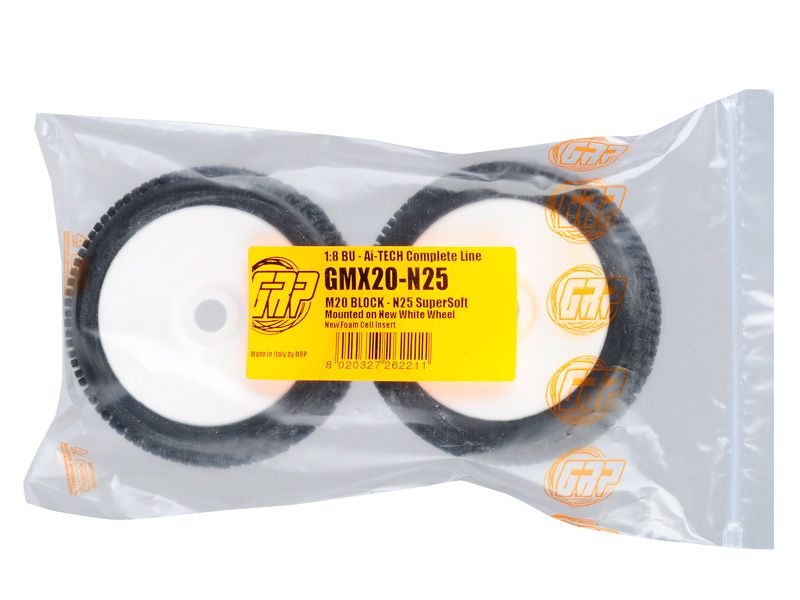 GRP 1:8 Buggy Komplettrad M20 BLOCK Felgendesign weiß in N25 Natural Compound Super Soft