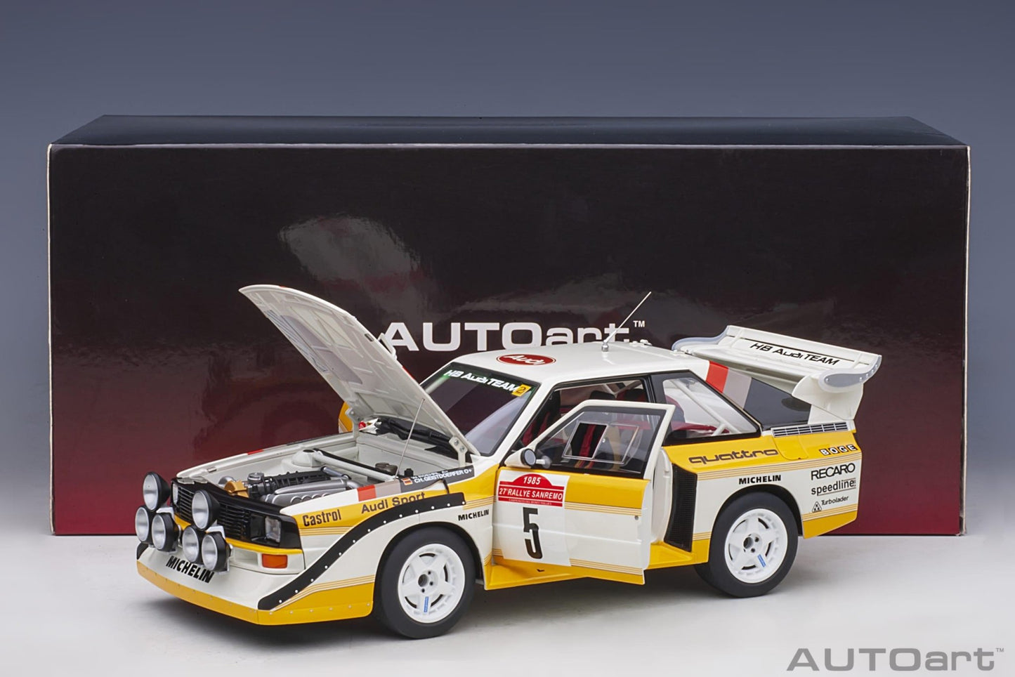 AutoArt Audi Sport Quattro S1 Rally San Remo 1985 Winner W. Röhrl/C. Geistdörfer #5 1:18 Modell - Artexio