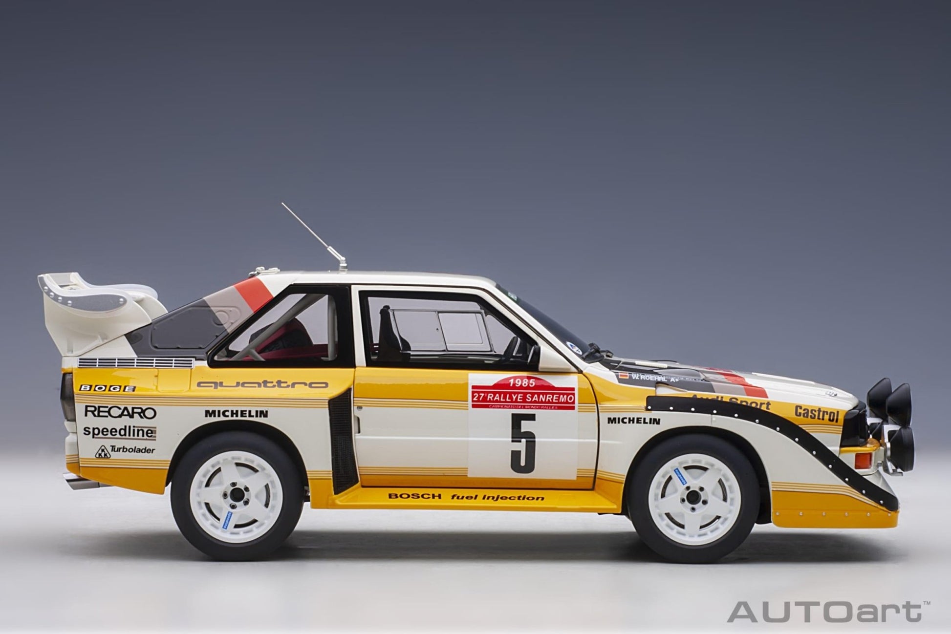 AutoArt Audi Sport Quattro S1 Rally San Remo 1985 Winner W. Röhrl/C. Geistdörfer #5 1:18 Modell - Artexio