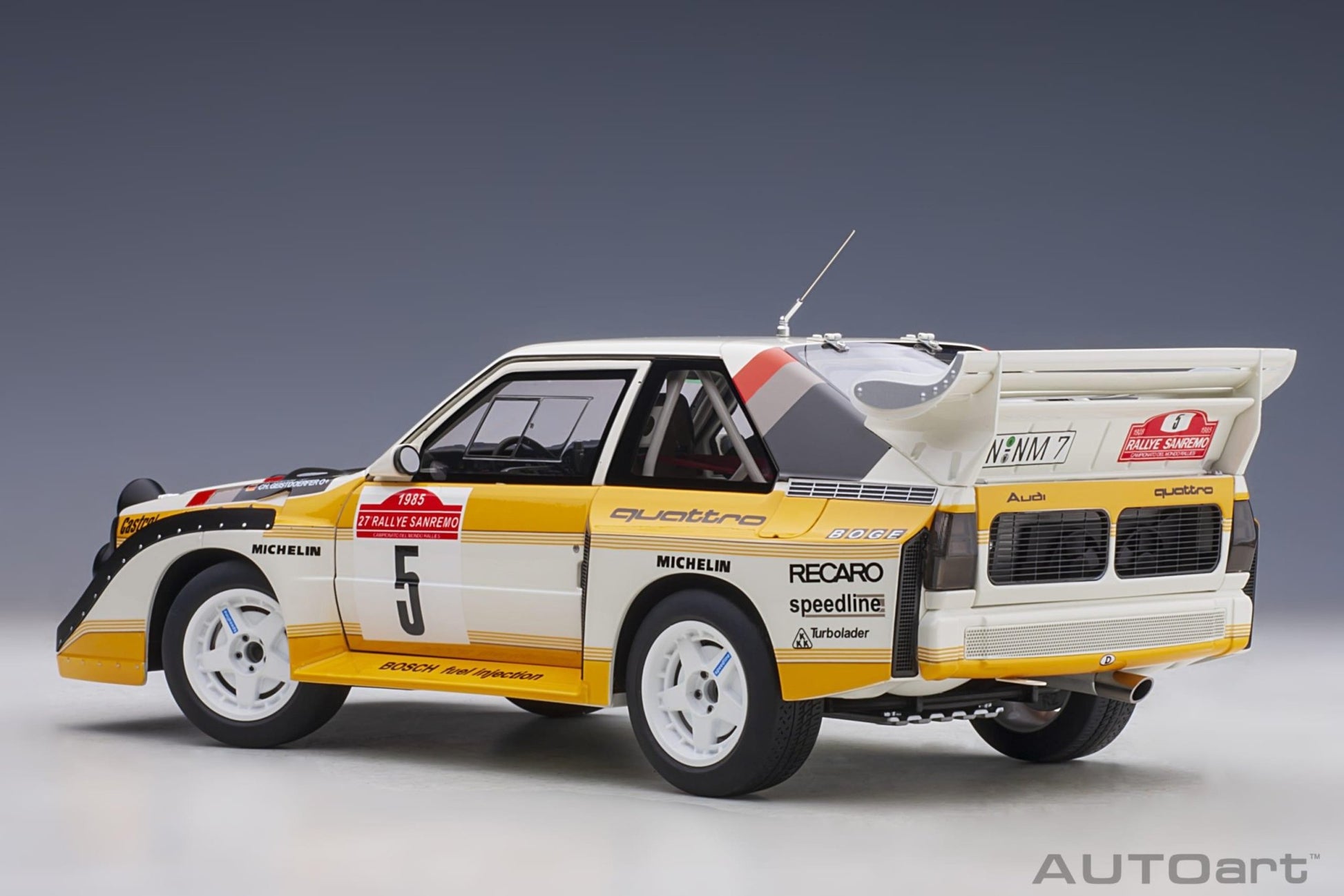 AutoArt Audi Sport Quattro S1 Rally San Remo 1985 Winner W. Röhrl/C. Geistdörfer #5 1:18 Modell - Artexio