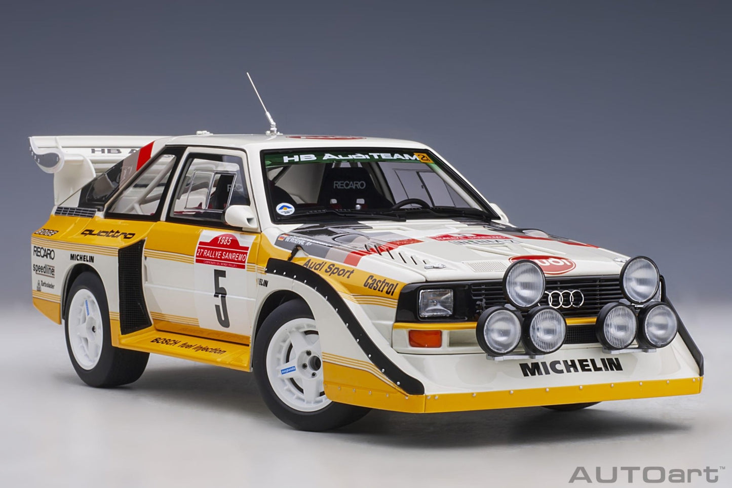 AutoArt Audi Sport Quattro S1 Rally San Remo 1985 Winner W. Röhrl/C. Geistdörfer #5 1:18 Modell - Artexio