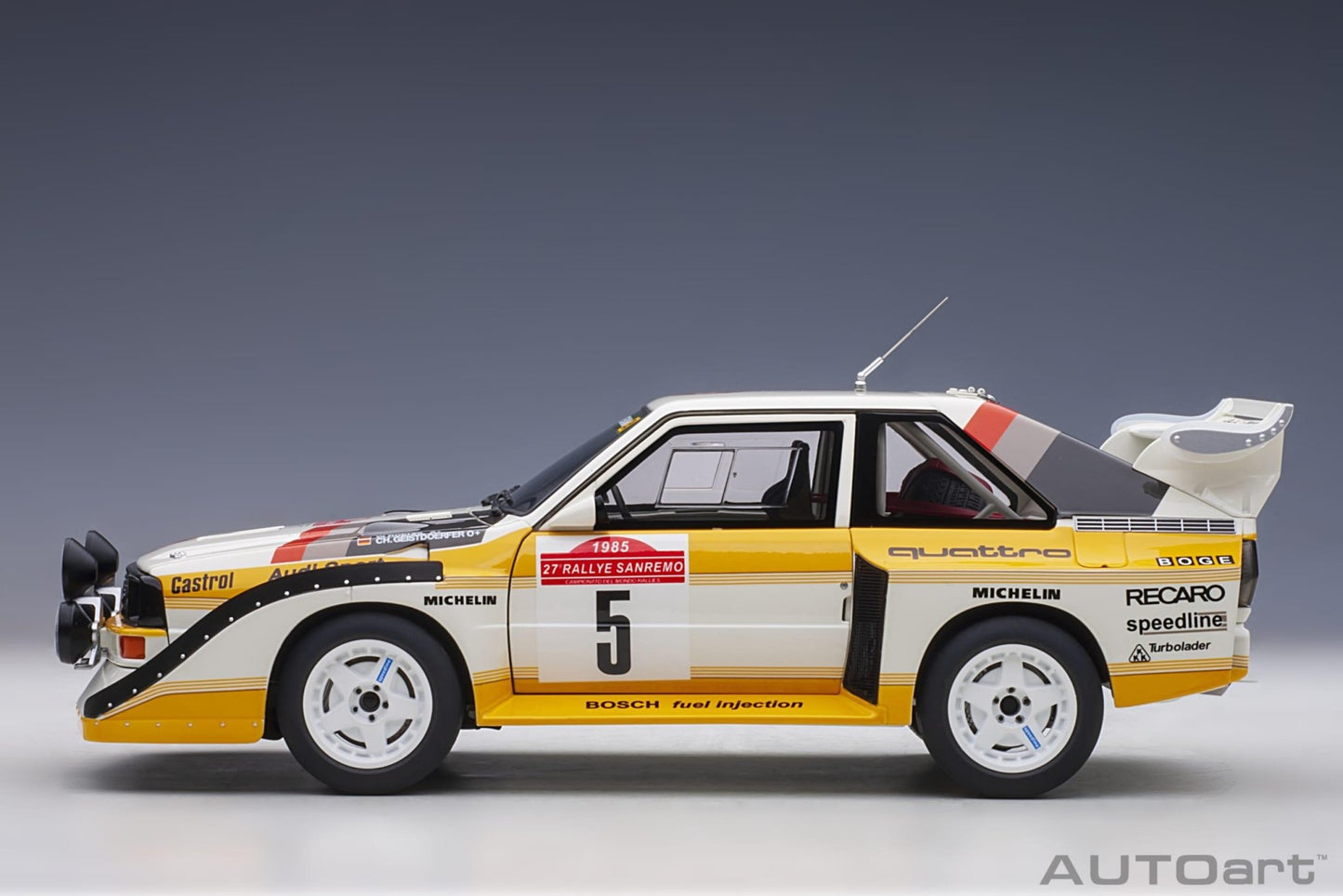 AutoArt Audi Sport Quattro S1 Rally San Remo 1985 Winner W. Röhrl/C. Geistdörfer #5 1:18 Modell - Artexio