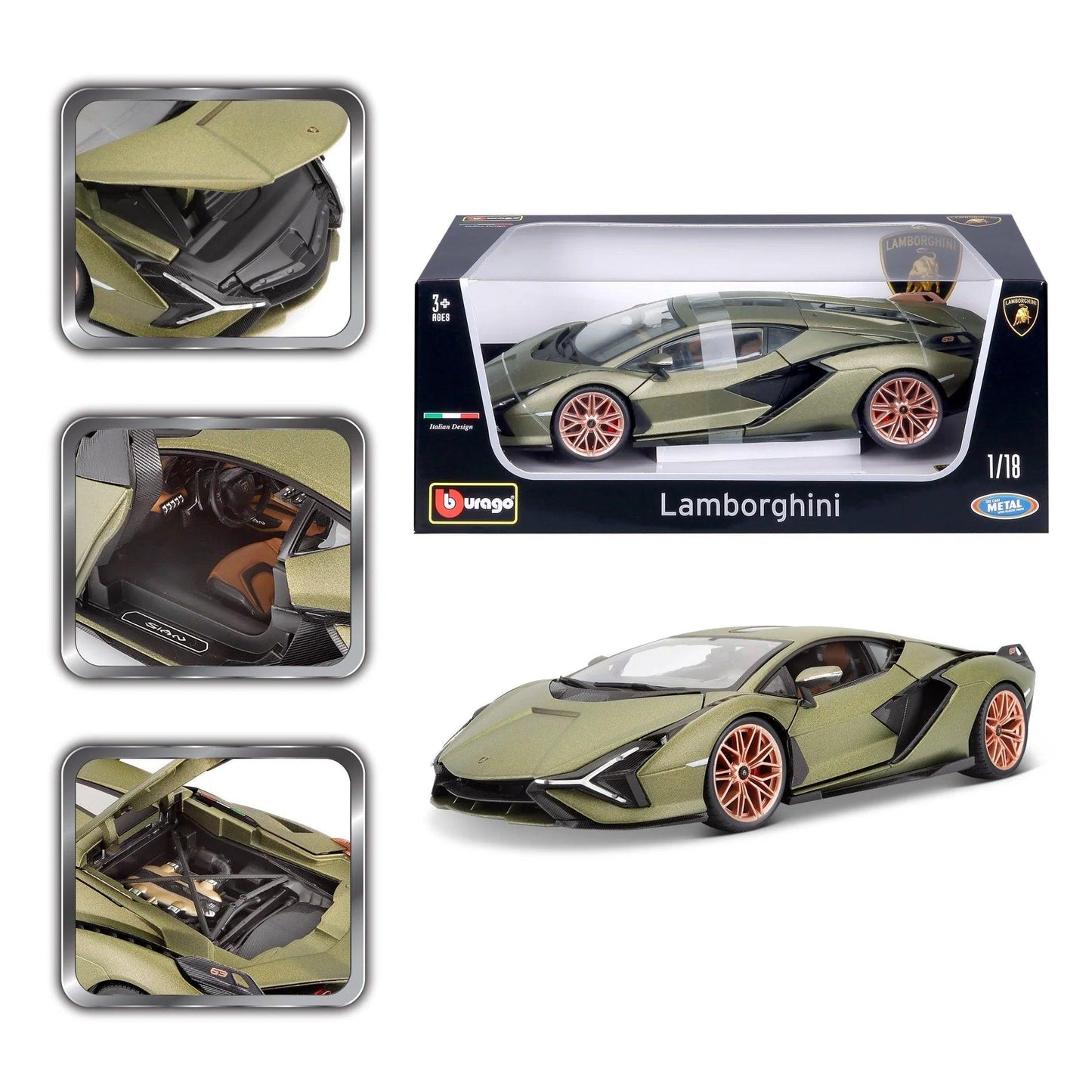 Bburago Lamborghini Sian FKP 37 2019 - Matt Olive Green 1:18 Modell - Artexio