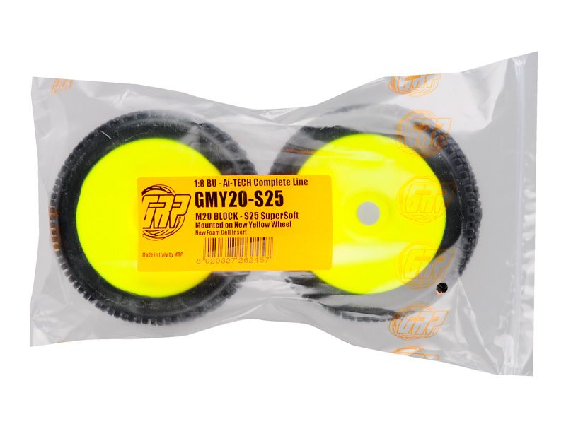 GRP 1:8 Buggy Komplettrad M20 BLOCK Felgendesign gelb in S25 Synthetic Compound Super Soft