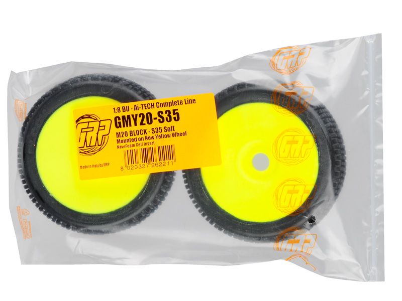 GRP 1:8 Buggy Komplettrad M20 BLOCK Felgendesign gelb in S35 Synthetic Compound Soft
