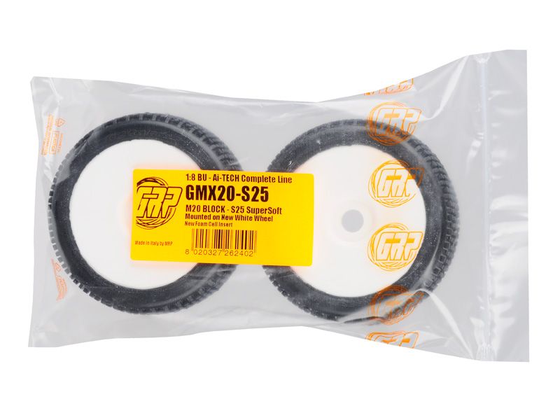 GRP 1:8 Buggy Komplettrad M20 BLOCK Felgendesign weiß in S25 Synthetic Compound Super Soft