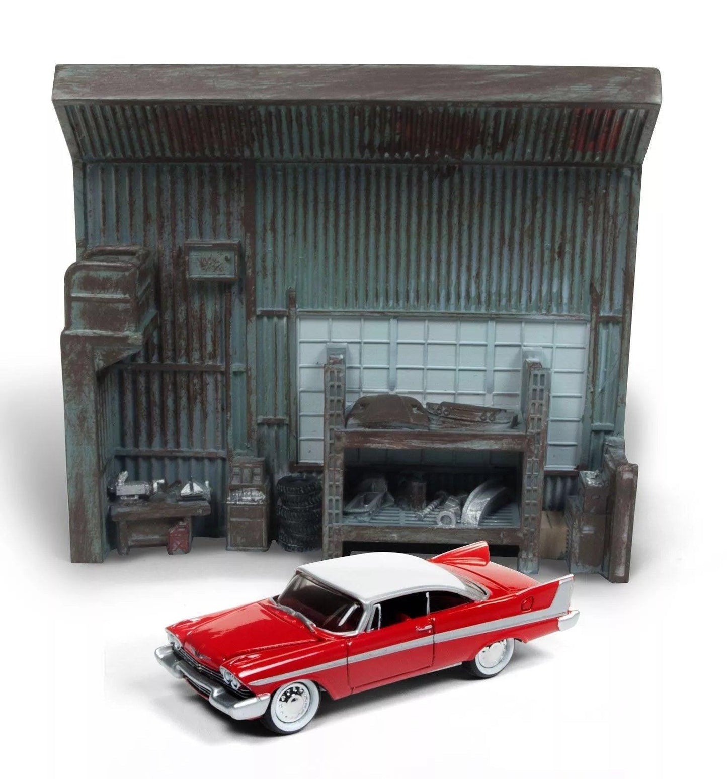 Johnny Lightning Christine - Darrell's Garage Background w/ 1958 Plymouth Fury Display 1:64 Modell - Artexio