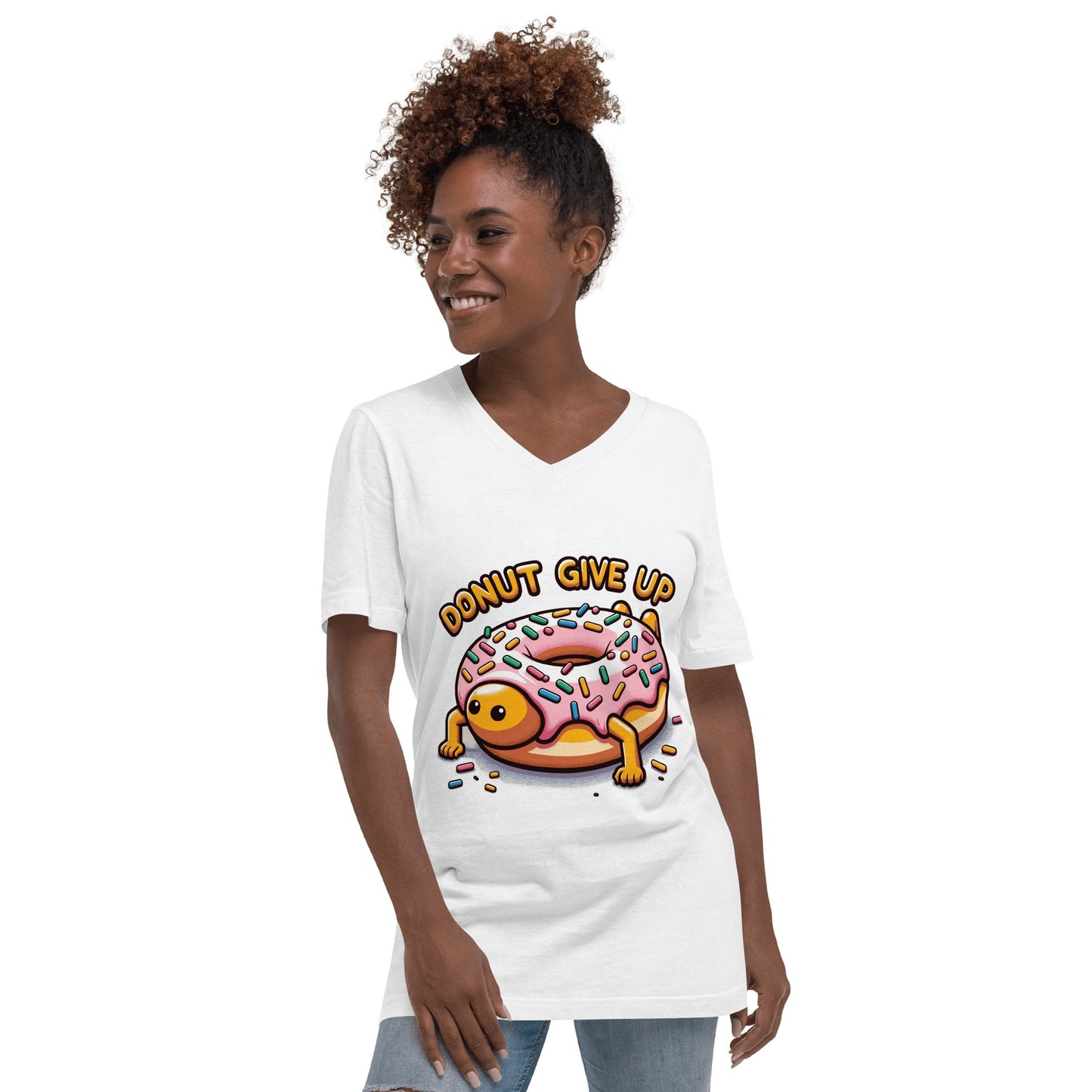 Kurzärmeliges Unisex T-Shirt mit V - Ausschnitt "Donut give up" - Artexio