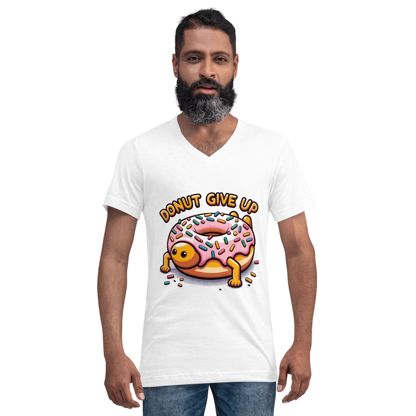 Kurzärmeliges Unisex T-Shirt mit V - Ausschnitt "Donut give up" - Artexio