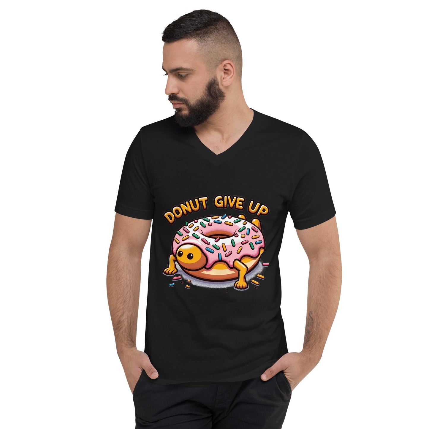 Kurzärmeliges Unisex T-Shirt mit V - Ausschnitt "Donut give up" - Artexio