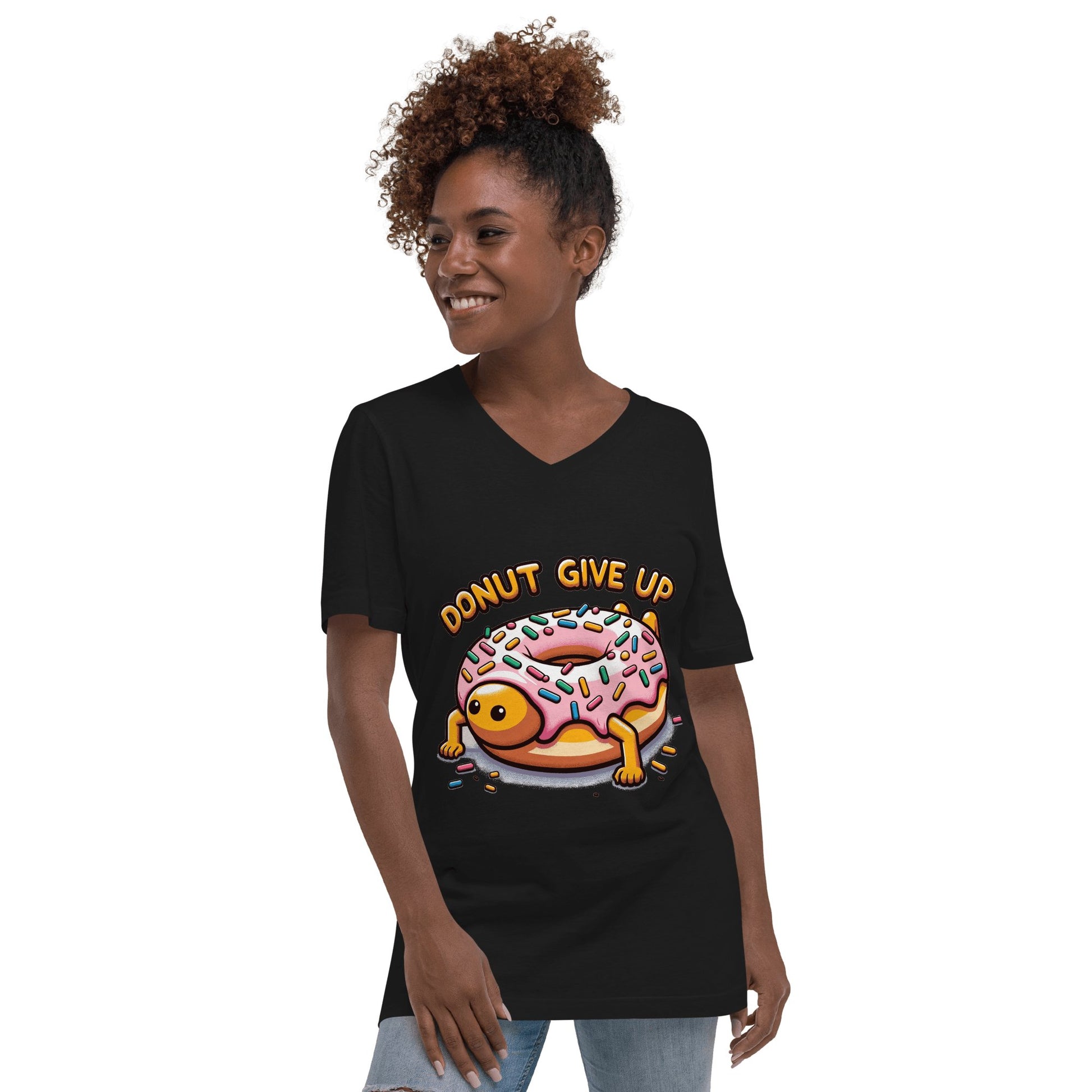 Kurzärmeliges Unisex T-Shirt mit V - Ausschnitt "Donut give up" - Artexio