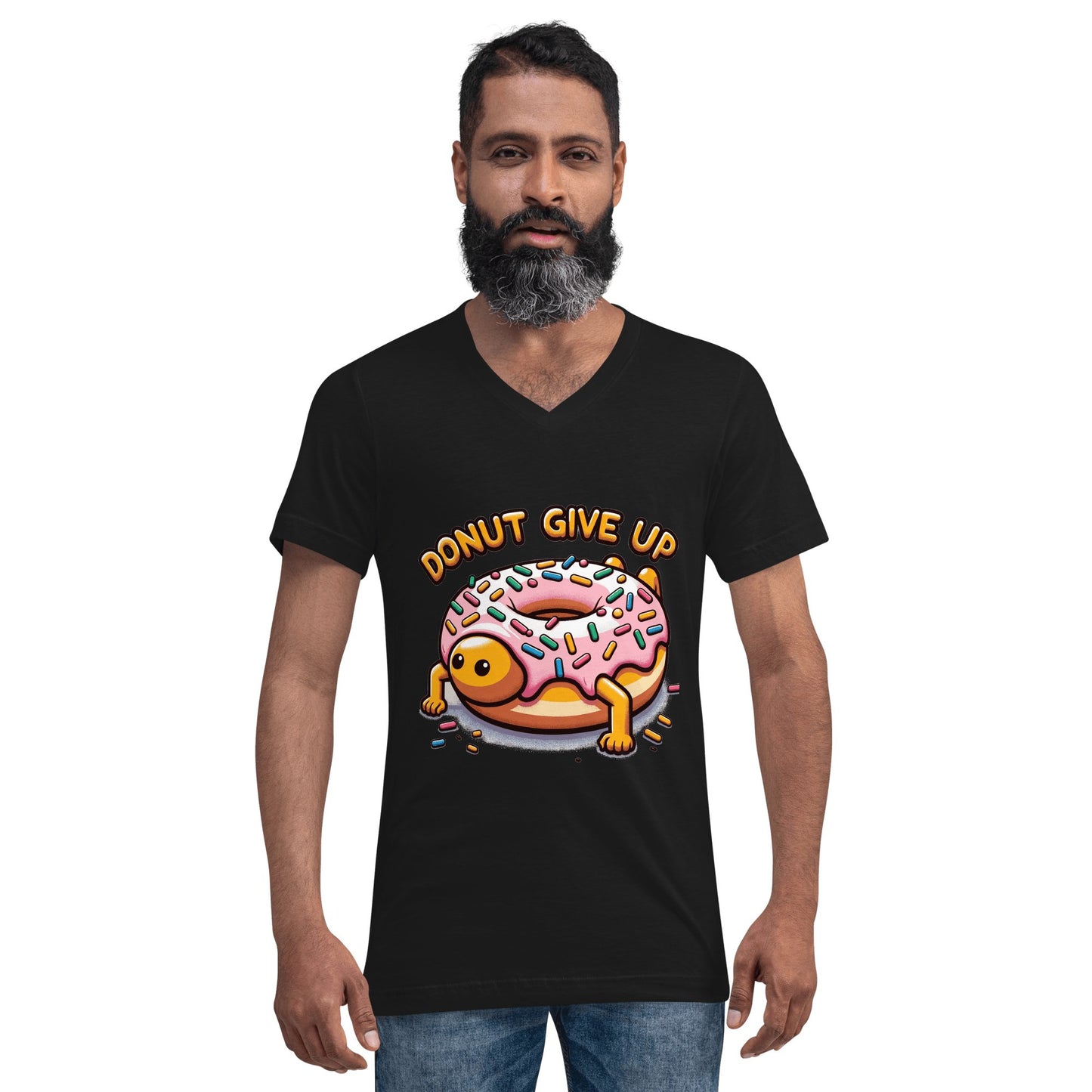 Kurzärmeliges Unisex T-Shirt mit V - Ausschnitt "Donut give up" - Artexio