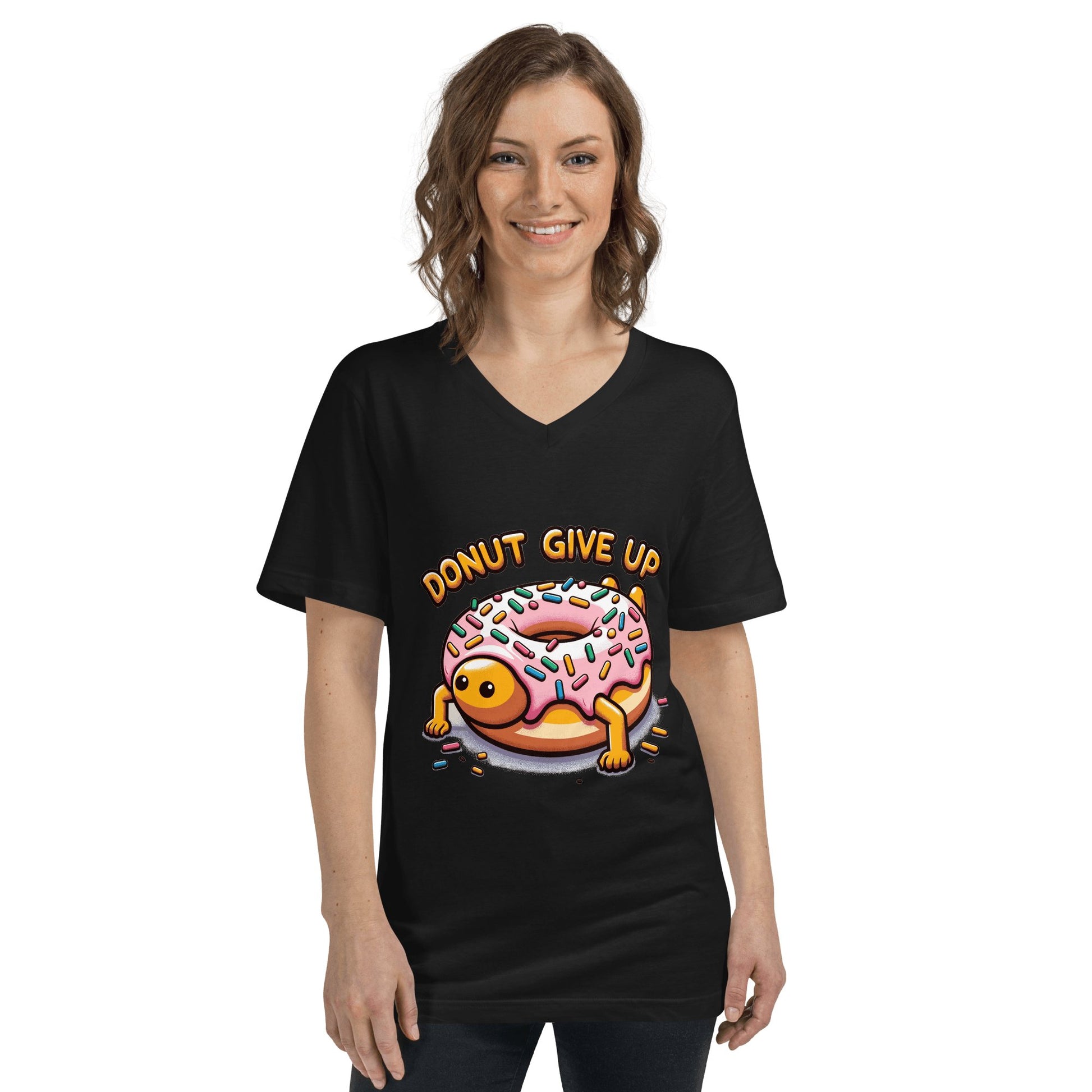 Kurzärmeliges Unisex T-Shirt mit V - Ausschnitt "Donut give up" - Artexio