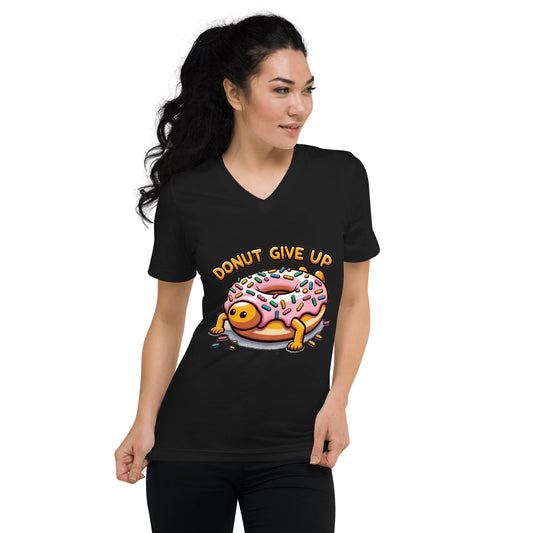 Kurzärmeliges Unisex T-Shirt mit V - Ausschnitt "Donut give up" - Artexio