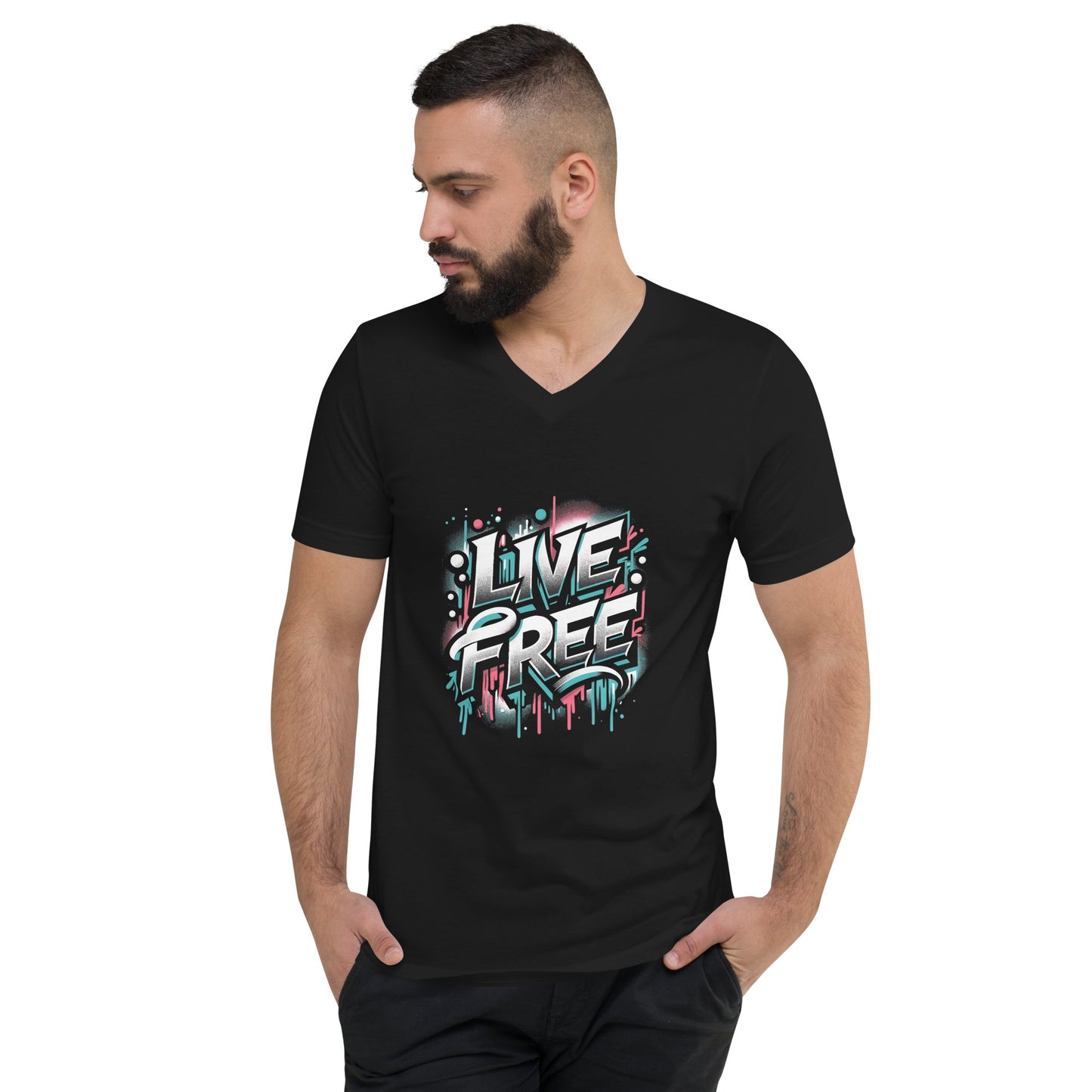 Kurzärmeliges Unisex T-Shirt mit V - Ausschnitt "Live Free" - Artexio