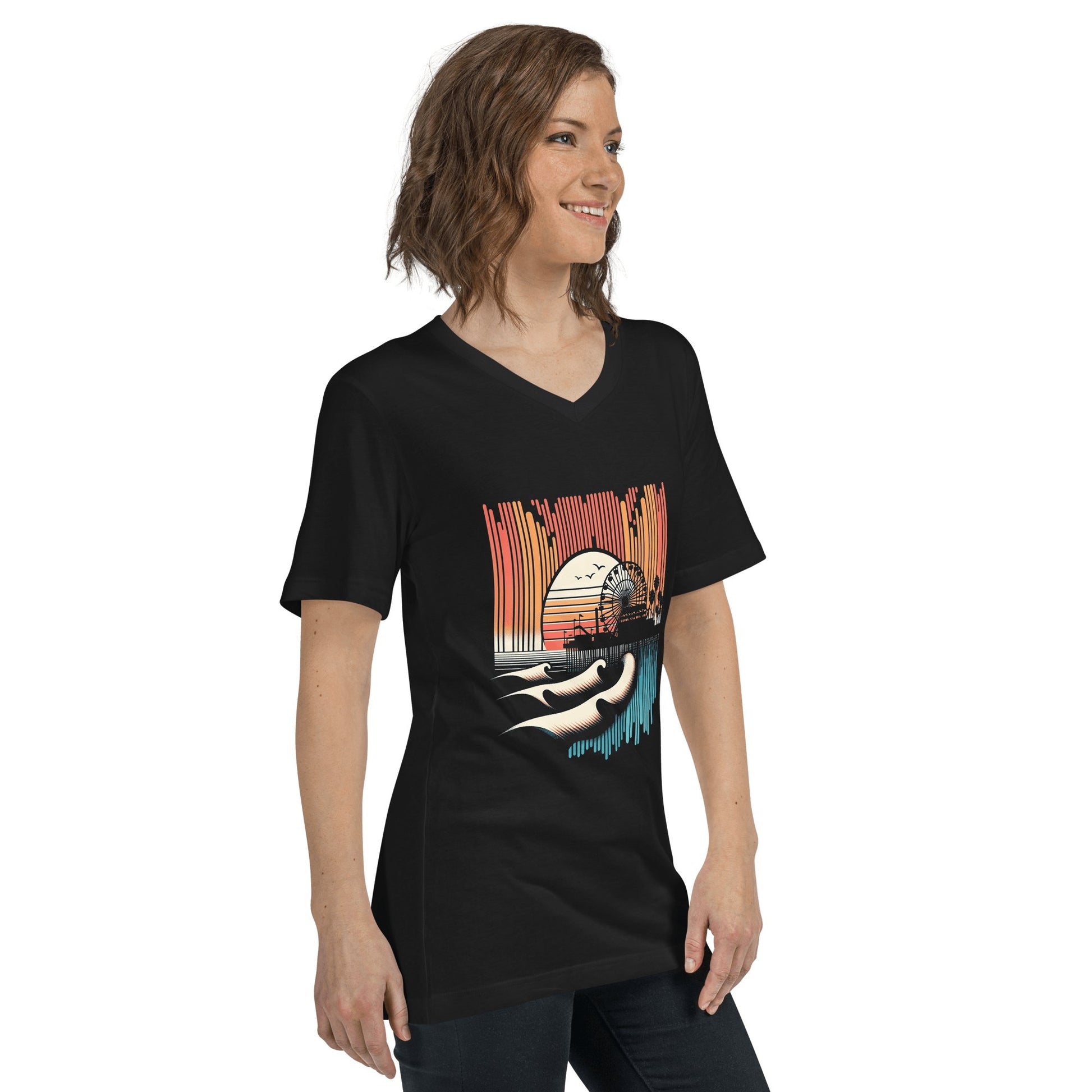 Kurzärmeliges Unisex T-Shirt mit V - Ausschnitt "Santa Monica Pier" - Artexio