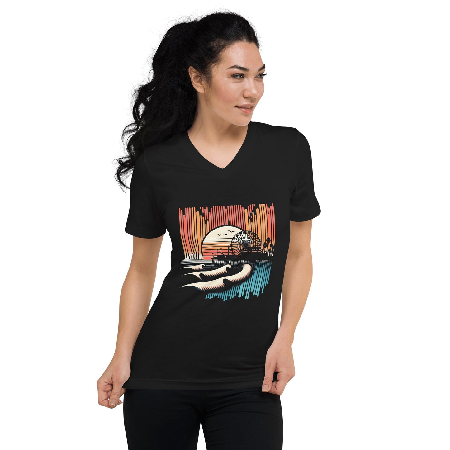 Kurzärmeliges Unisex T-Shirt mit V - Ausschnitt "Santa Monica Pier" - Artexio