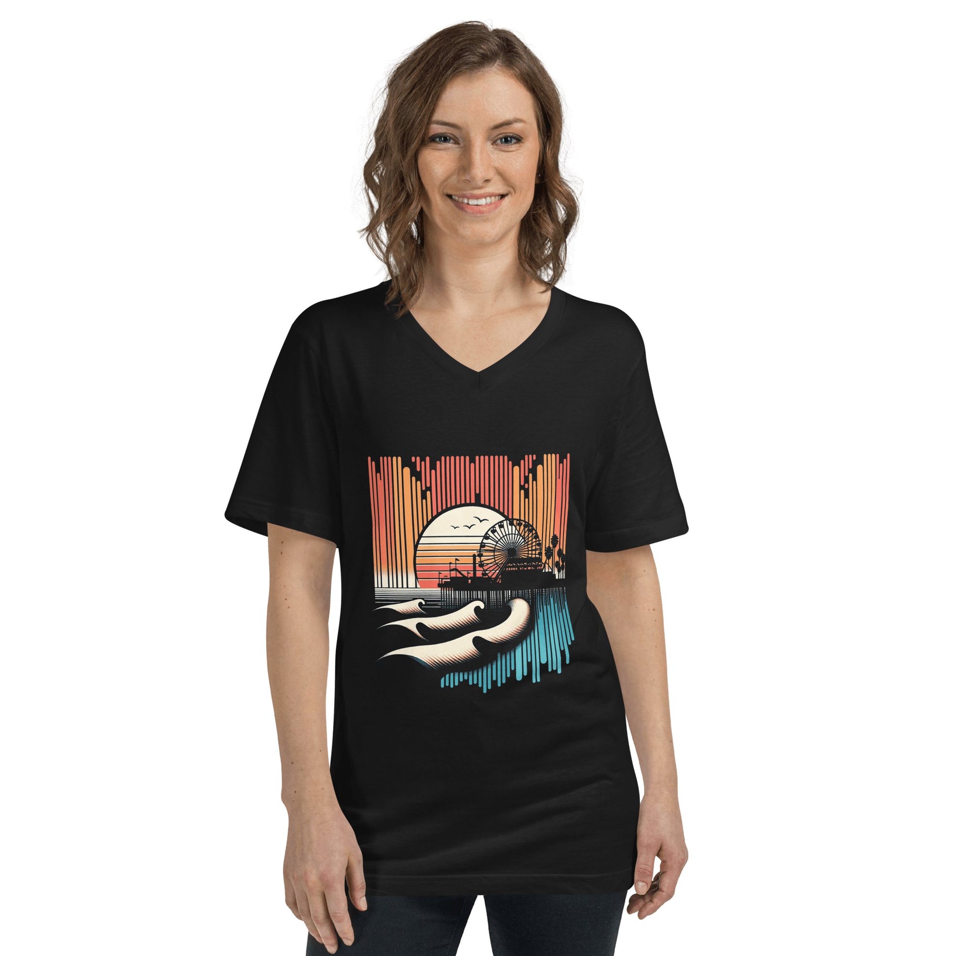 Kurzärmeliges Unisex T-Shirt mit V - Ausschnitt "Santa Monica Pier" - Artexio