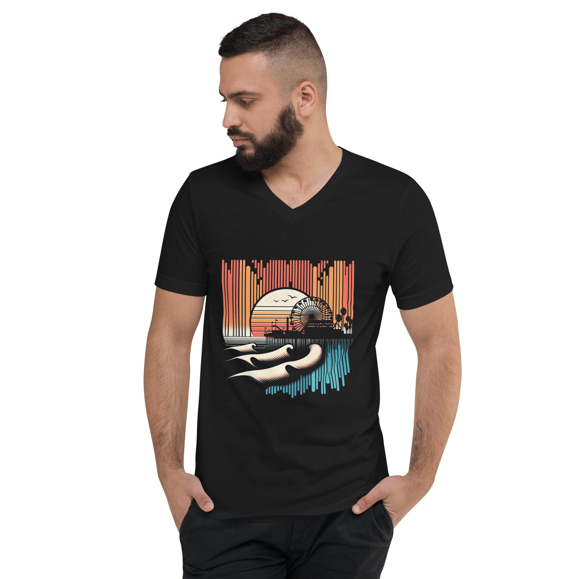 Kurzärmeliges Unisex T-Shirt mit V - Ausschnitt "Santa Monica Pier" - Artexio