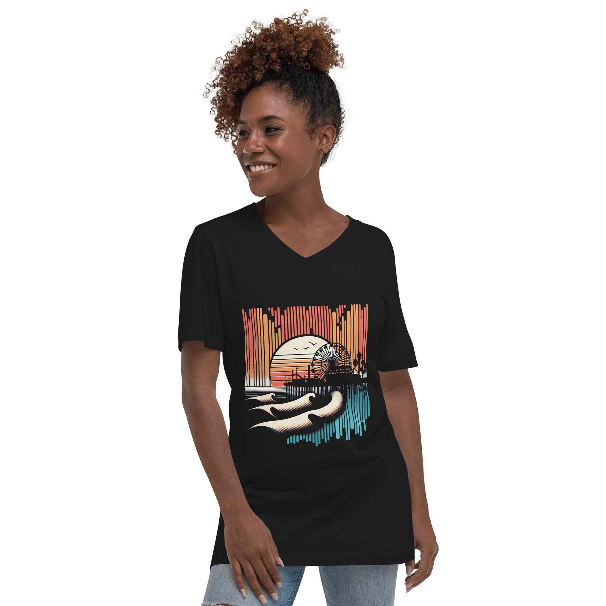 Kurzärmeliges Unisex T-Shirt mit V - Ausschnitt "Santa Monica Pier" - Artexio