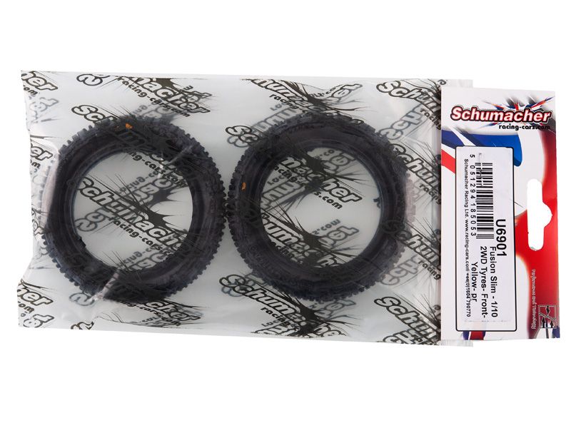 Schumacher 1:10 Fusion Slim gelb Offroad Reifen (2) 2WD Frontreifen