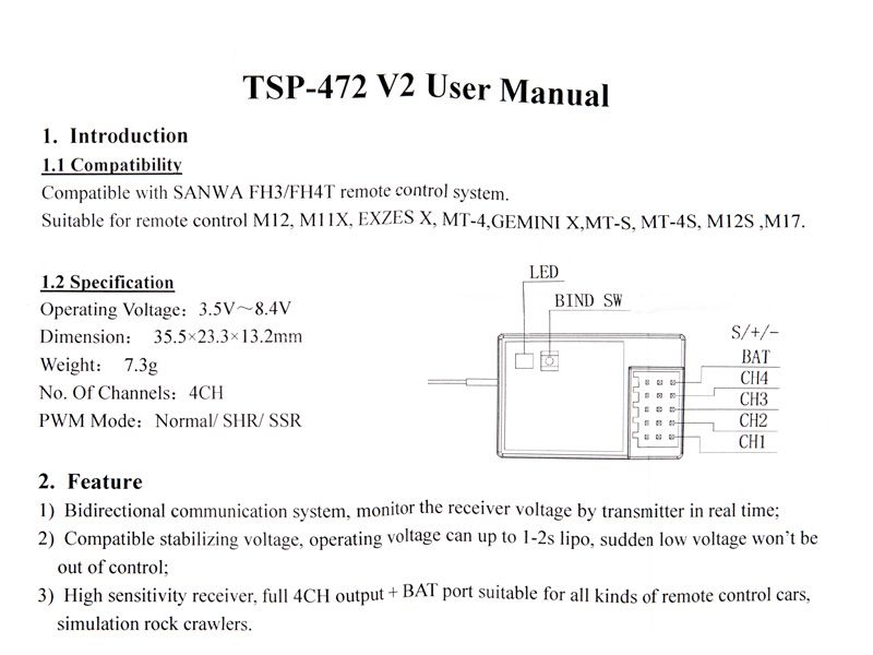 TSP Sanwa 472 V2 FHSS 4 Kanal Telemetrie Empfänger